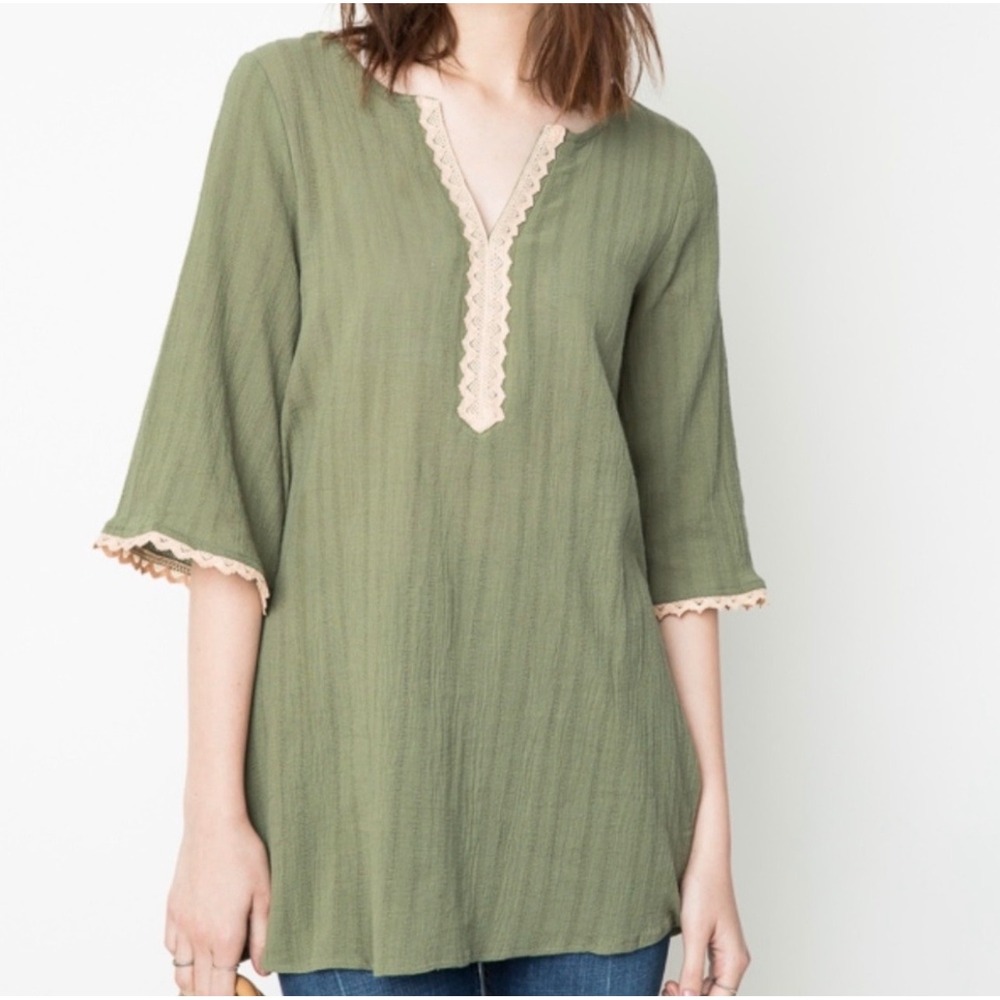 Hayden Los Angeles Women XL Green Lace Trim Tunic Boho Top
